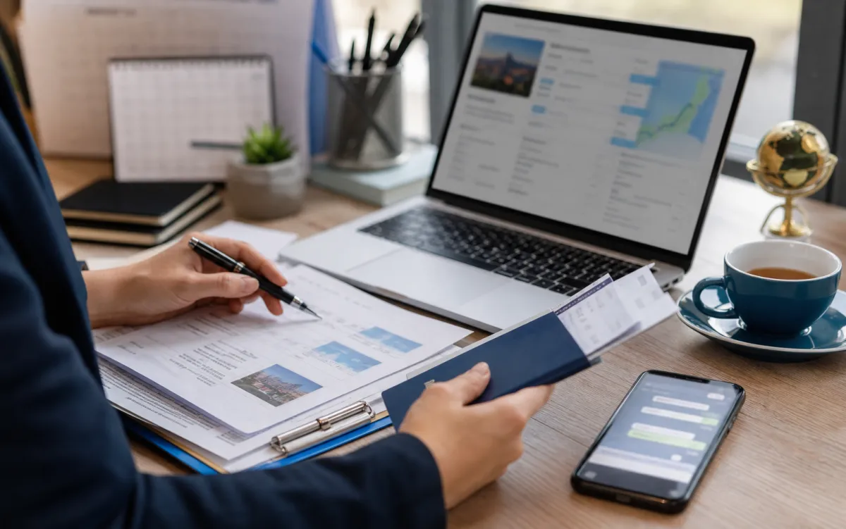 Jiangmi Travel booking desk with itinerary notes and traveler communication