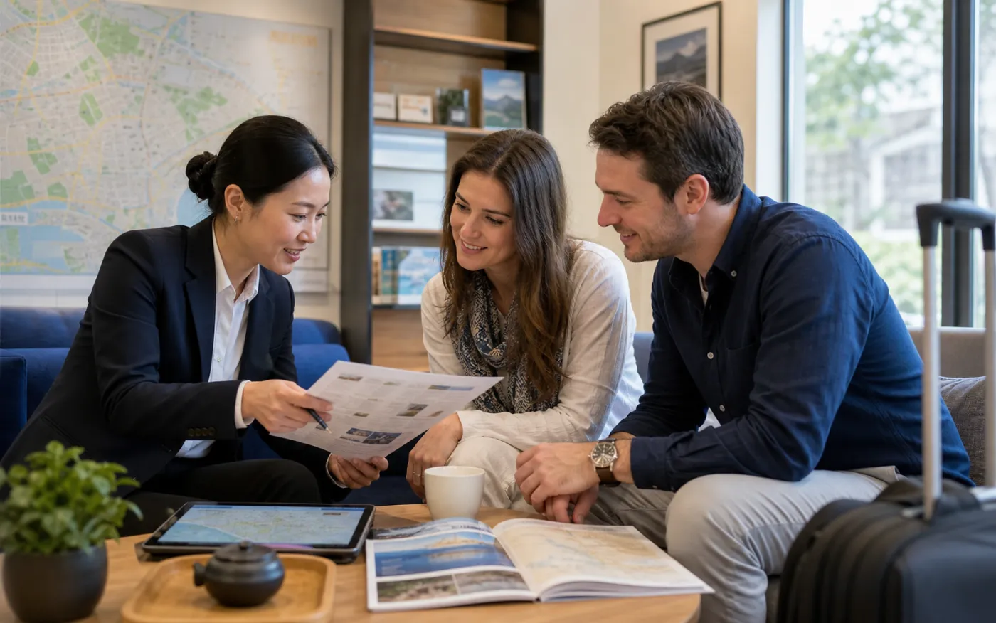 Jiangmi Travel specialist reviewing a China itinerary with international travelers